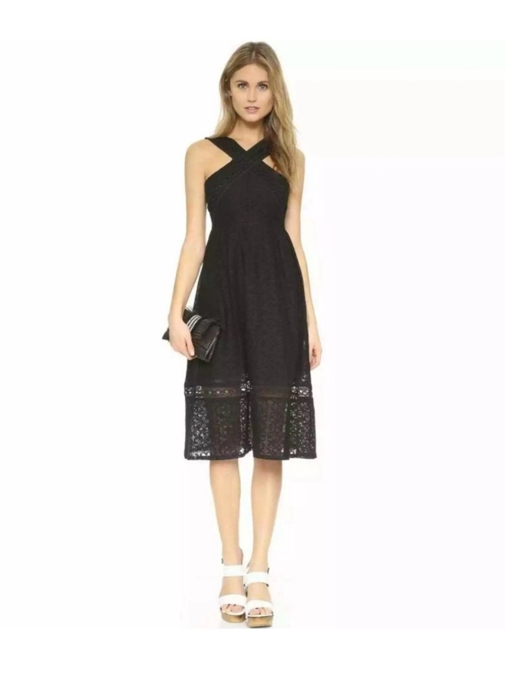J.O.A. Los Angeles Black Crochet Lace Crisscross Midi Dress